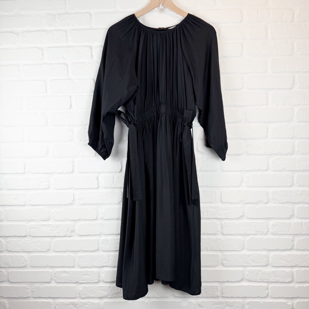 Black Long Sleeve Gathered-Waist Dress